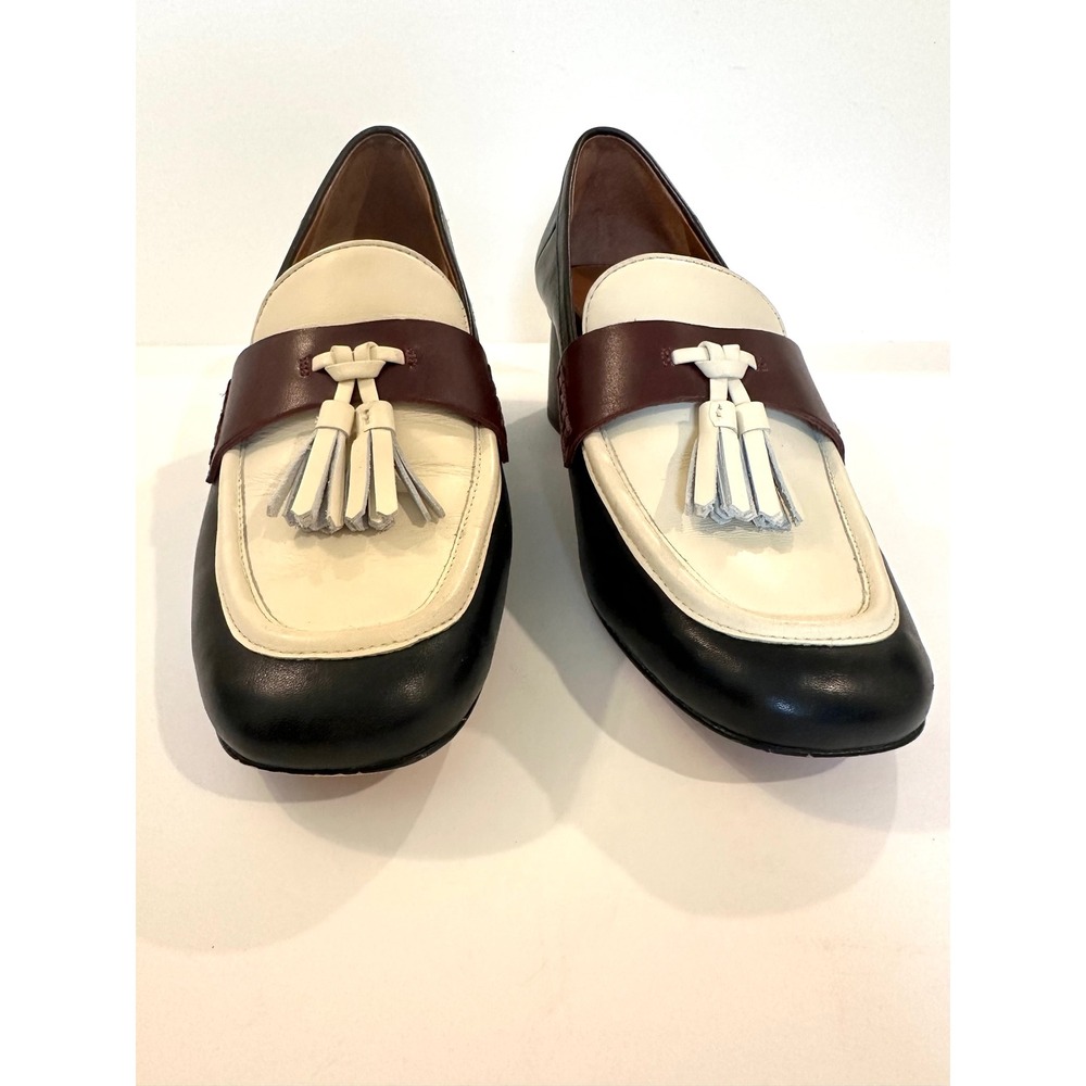 J.McLaughlin Women 8.5 Tri-Color Leather Tassel Block Heel Loafers Dk Navy Cream - Picture 8 of 8